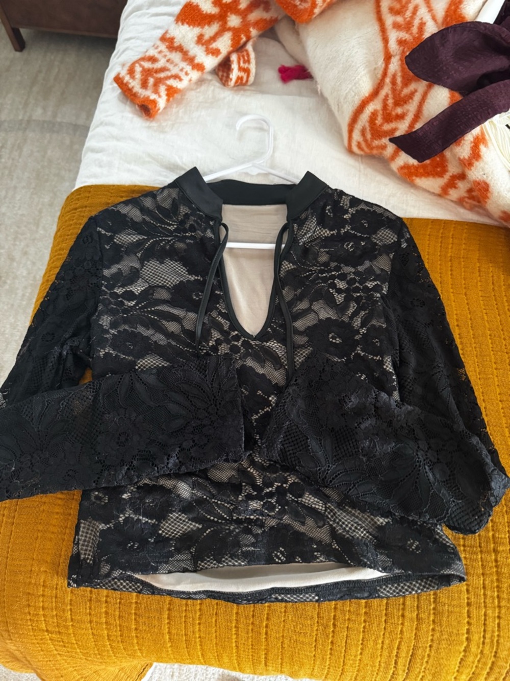 Black Lace Long-Sleeve Tie-Neck Blouse